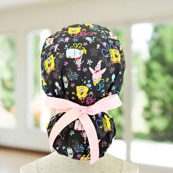 Sponge Bob ~  Ponytail Scrub Cap, Nurse Cap, Scrub Hat, OR Scrub, CNA, Gift - Picture 1 of 4